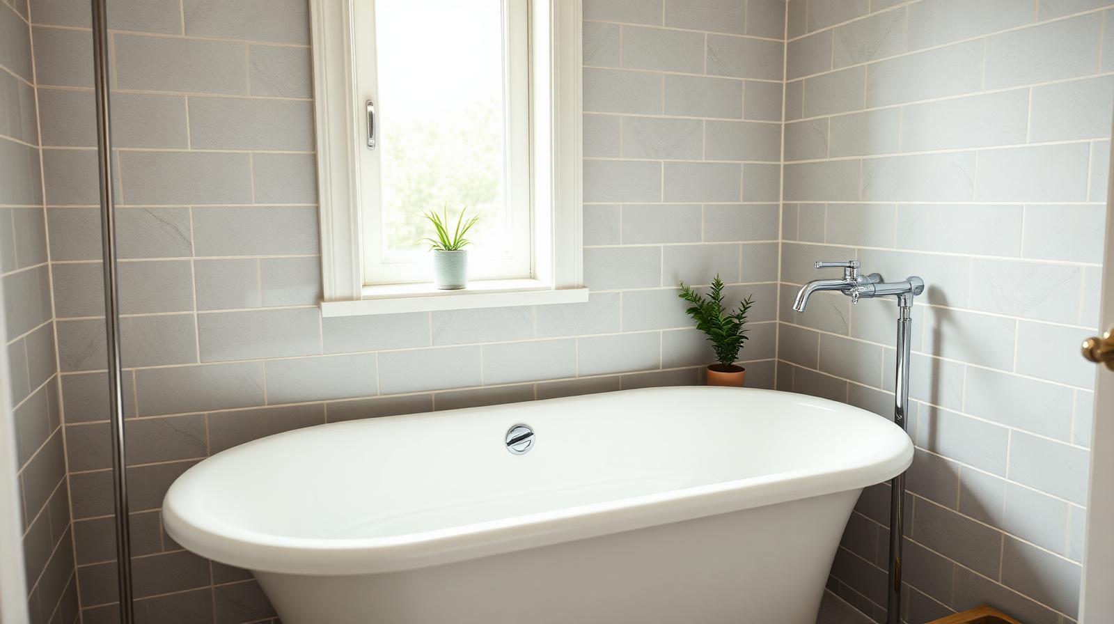 Beautifully resurfaced modern white bathtub in a clean grey-tiled bathroom — bath resurfacing vs replacement comparison