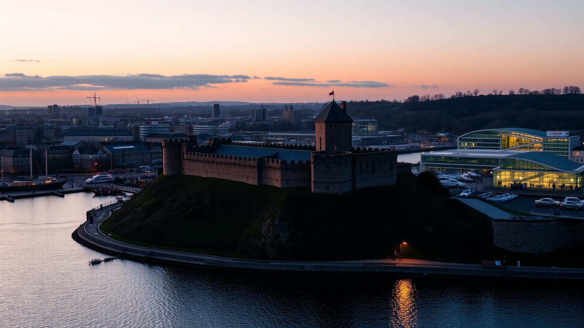 Cardiff city skyline at dusk with Cardiff Castle and Cardiff Bay waterfront — Re-Finished bath and surface restoration in Cardiff