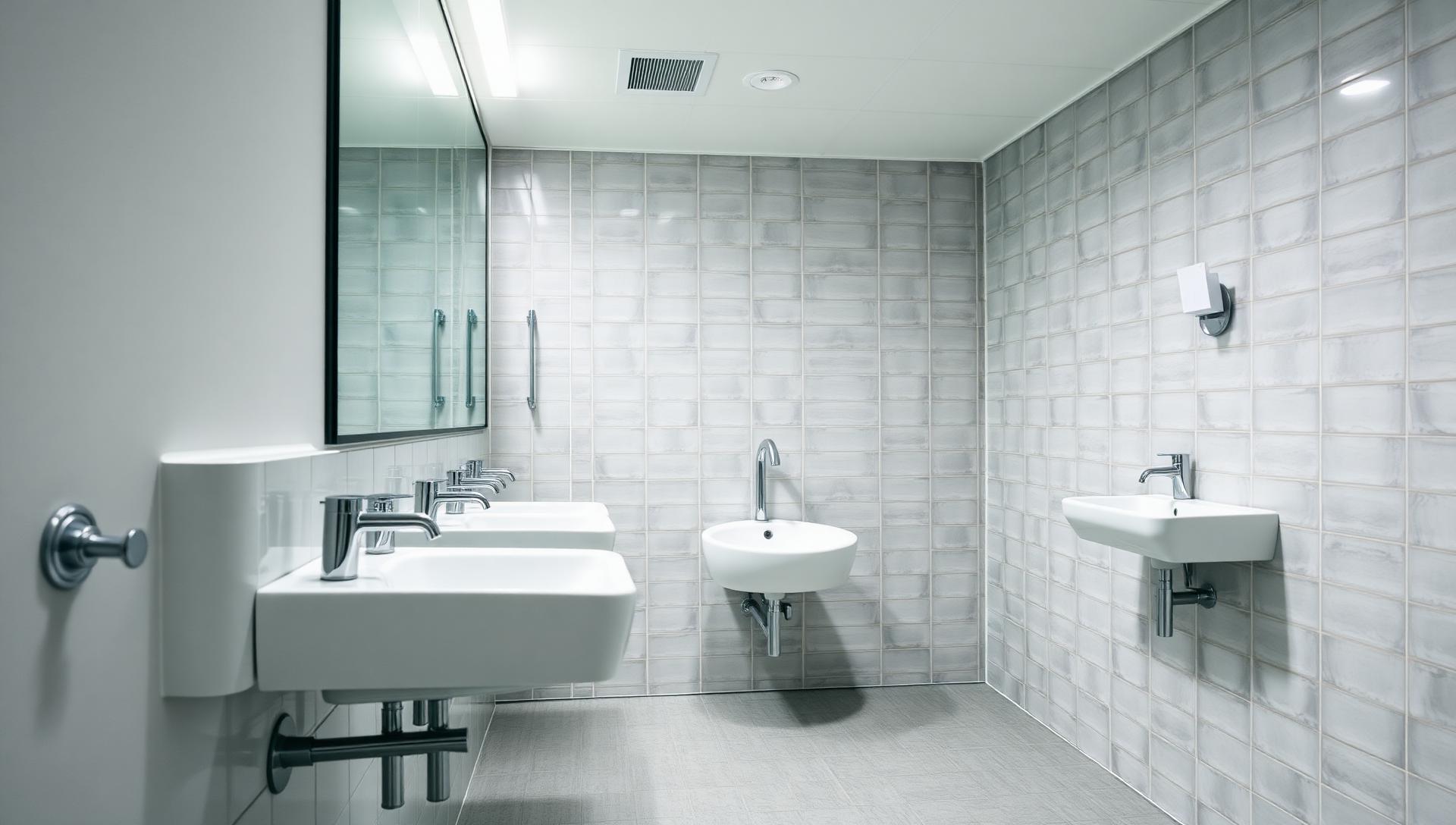 Spotless commercial washroom with row of clean white basins — commercial washroom restoration