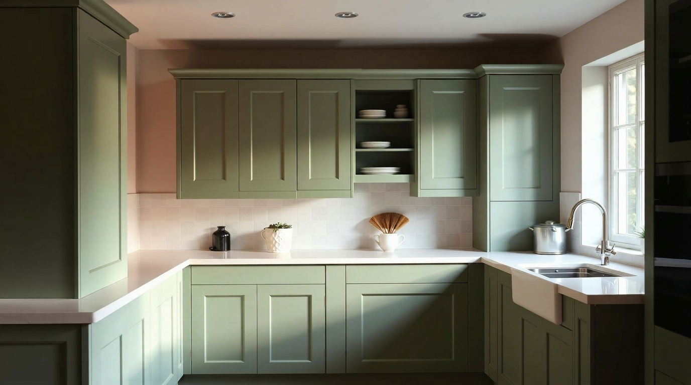 Modern shaker kitchen with freshly resprayed sage green cabinet doors — professional kitchen cabinet spraying