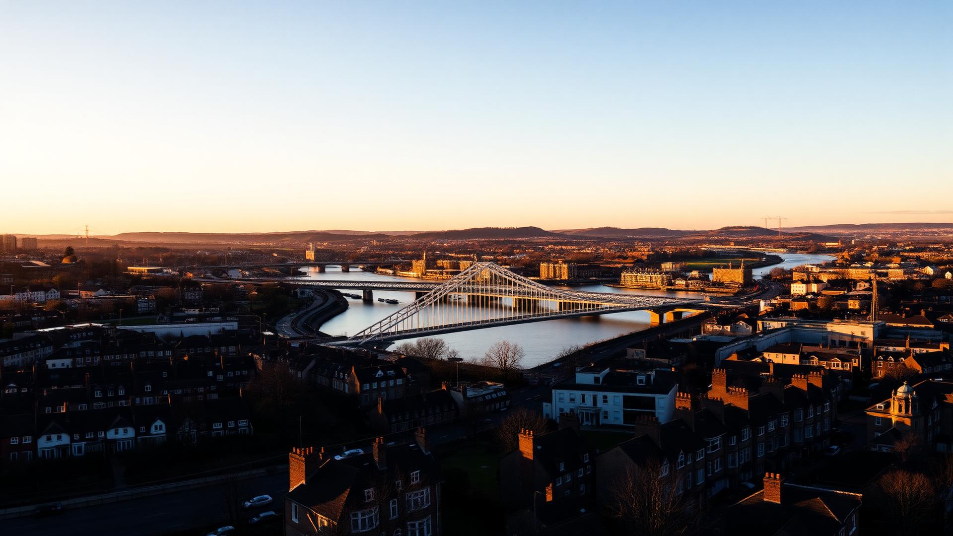 Aerial view of Newport South Wales at golden hour with the Transporter Bridge crossing the River Usk — Re-Finished surface restoration in Newport