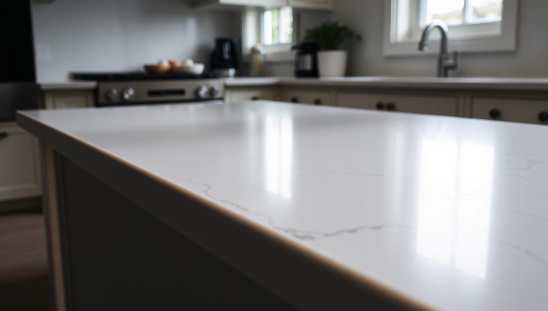 Polished white quartz worktop catching daylight — stone surface repair and restoration