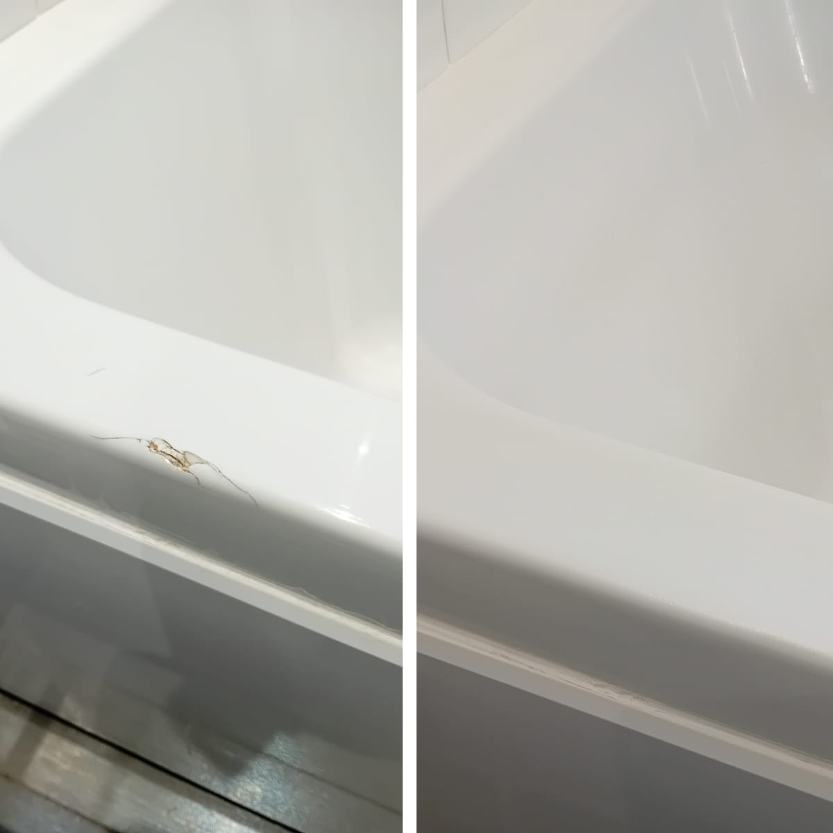 Chipped and rusted bath edge repaired and refinished — before and after bath repair Cardiff
