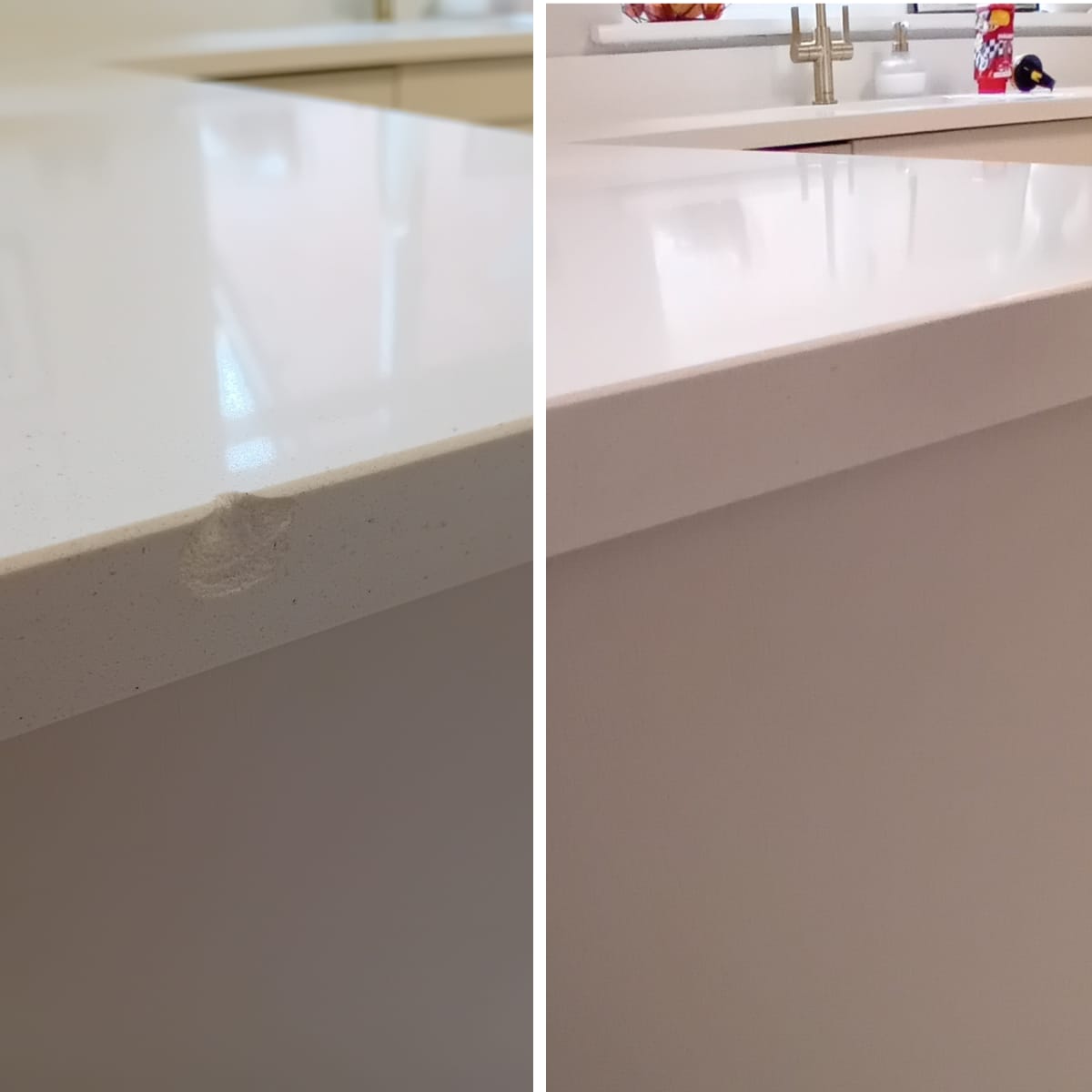Chipped white quartz worktop edge filled and polished — Cardiff stone worktop repair