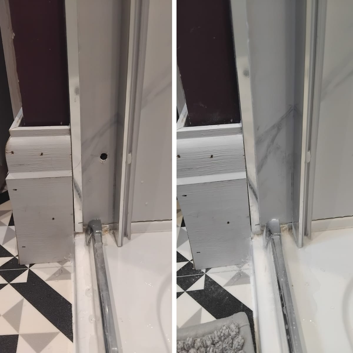 Damaged shower screen kicker board and floor channel restored — Newport wet-room repair