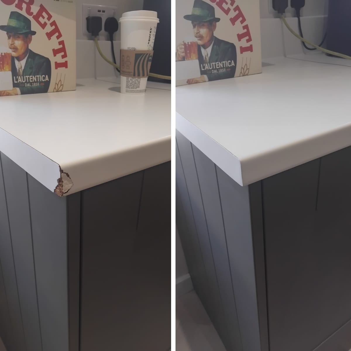 Damaged white laminate worktop corner rebuilt and seamlessly colour-matched — Newport worktop repair