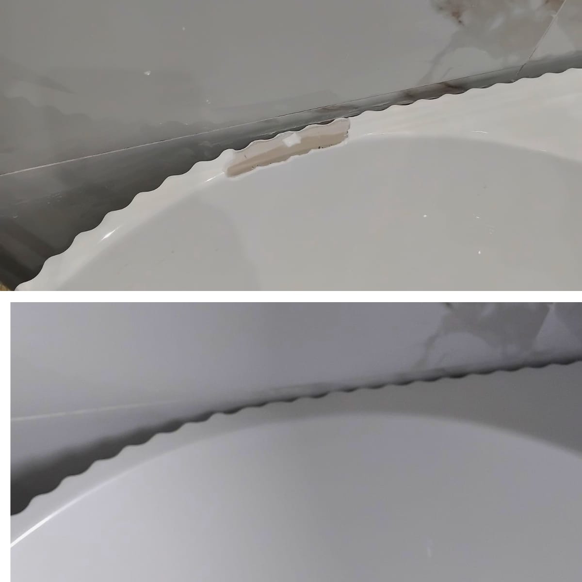 Chipped stone-resin basin edge filled and refinished — Bath sink repair