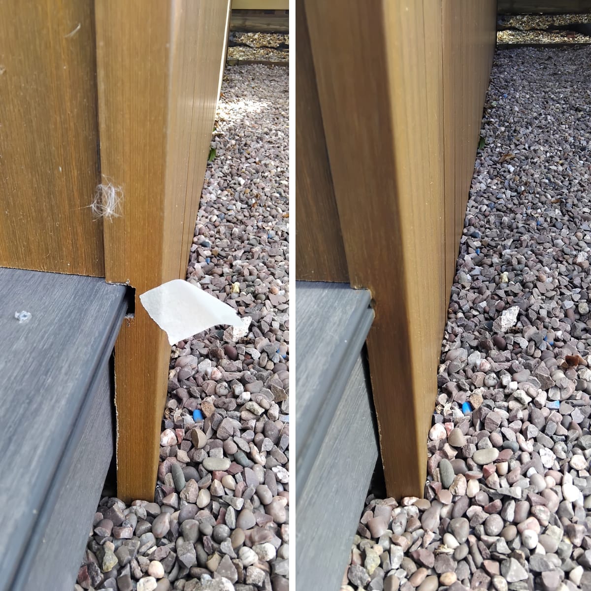 Oak-effect uPVC door frame chip repaired beside garden gravel — Bridgend uPVC door repair