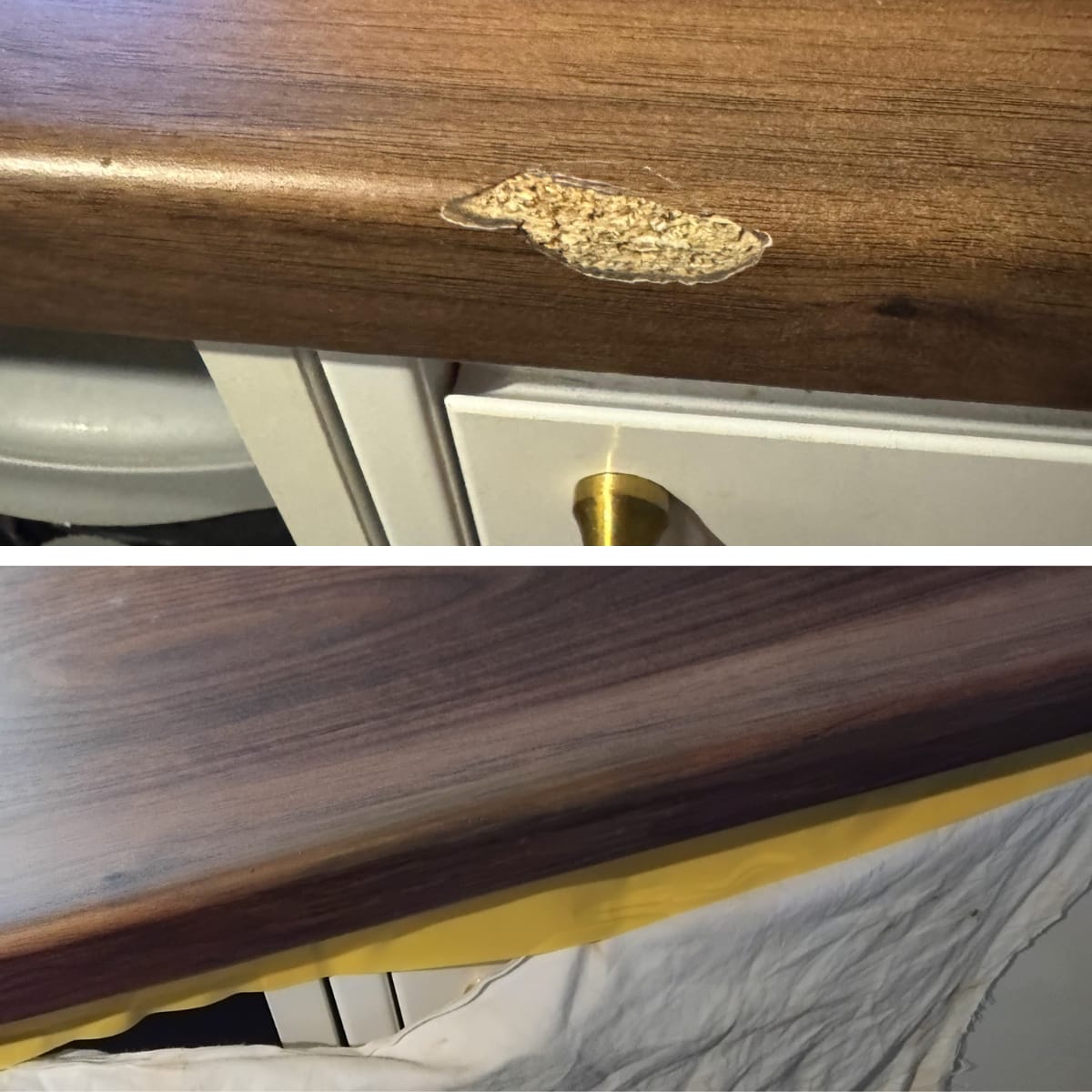 Walnut wood worktop edge dent filled and grain-matched — Cheltenham worktop restoration