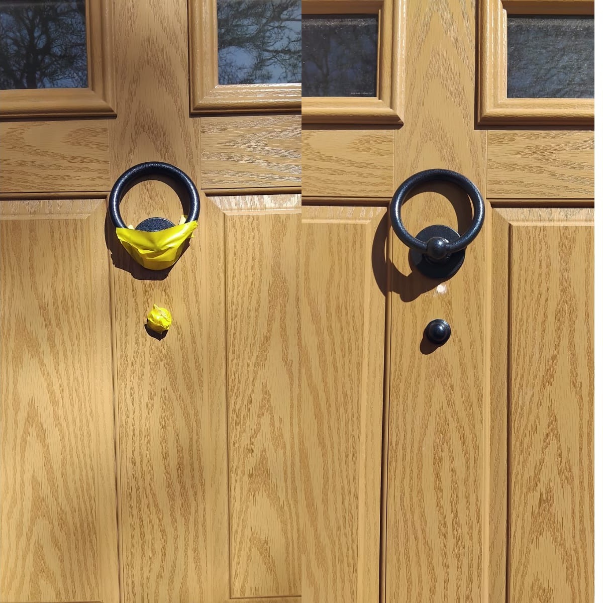 Composite oak door masked for spot repair — Cardiff composite door restoration