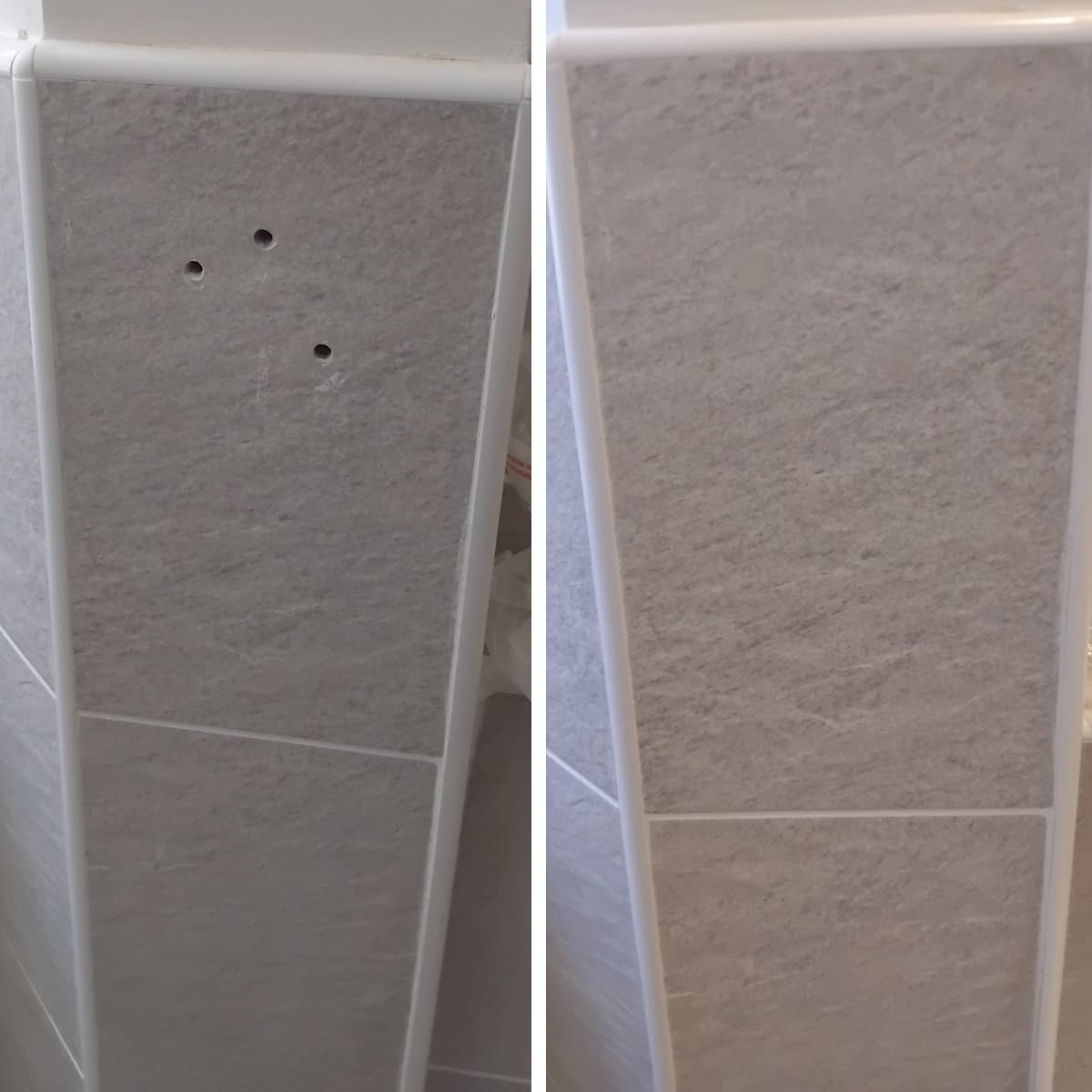Drill holes in stone-effect porcelain wall tile filled and re-glazed — Newport tile repair