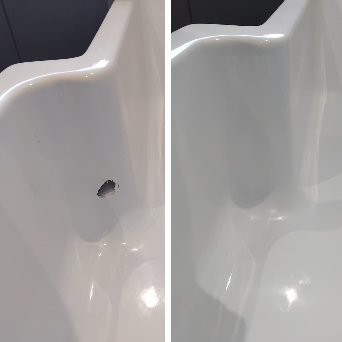 Hole punched through acrylic bath base structurally repaired and resprayed — Newport