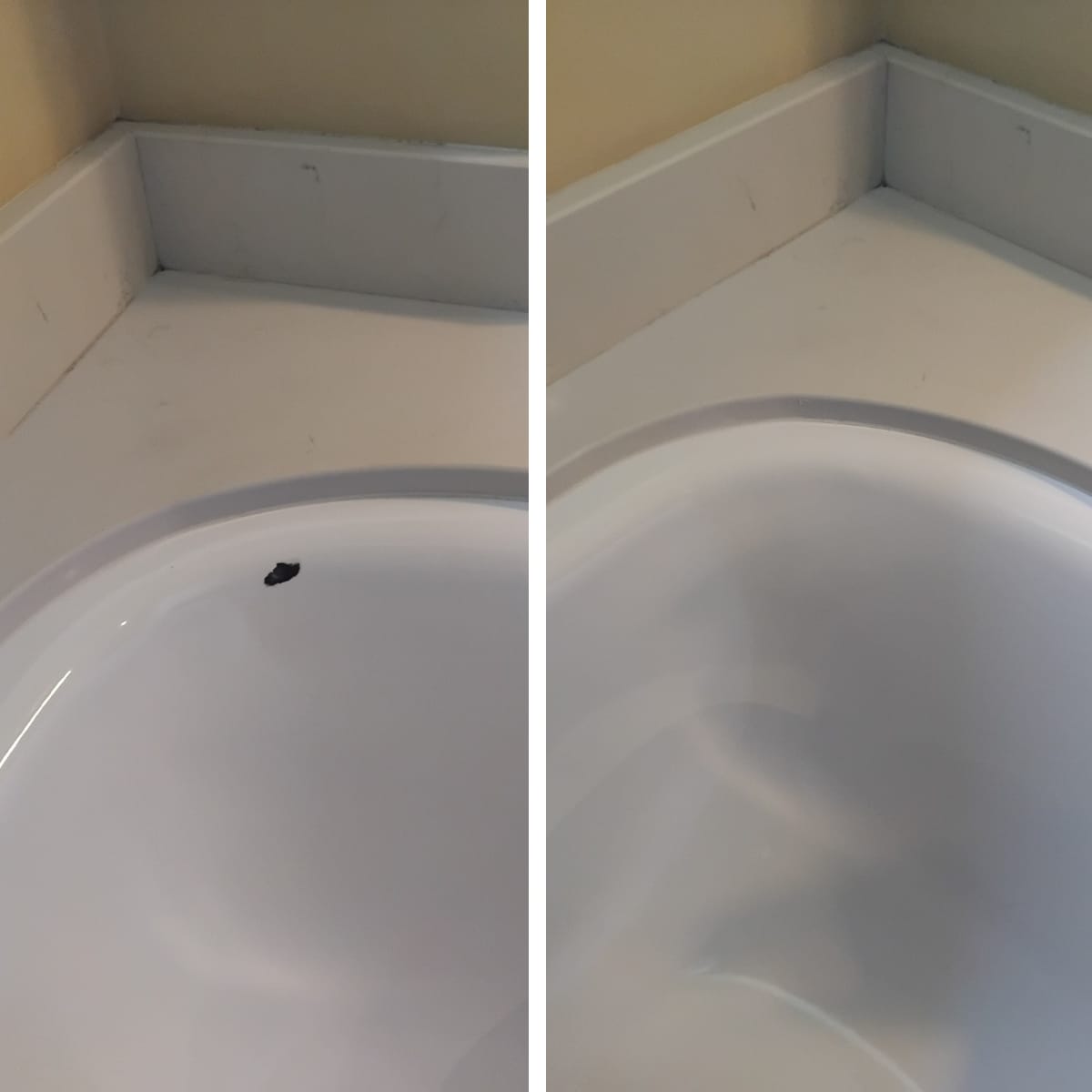 Black mark and surround damage on enamel bath corner repaired — Bridgend bath repair