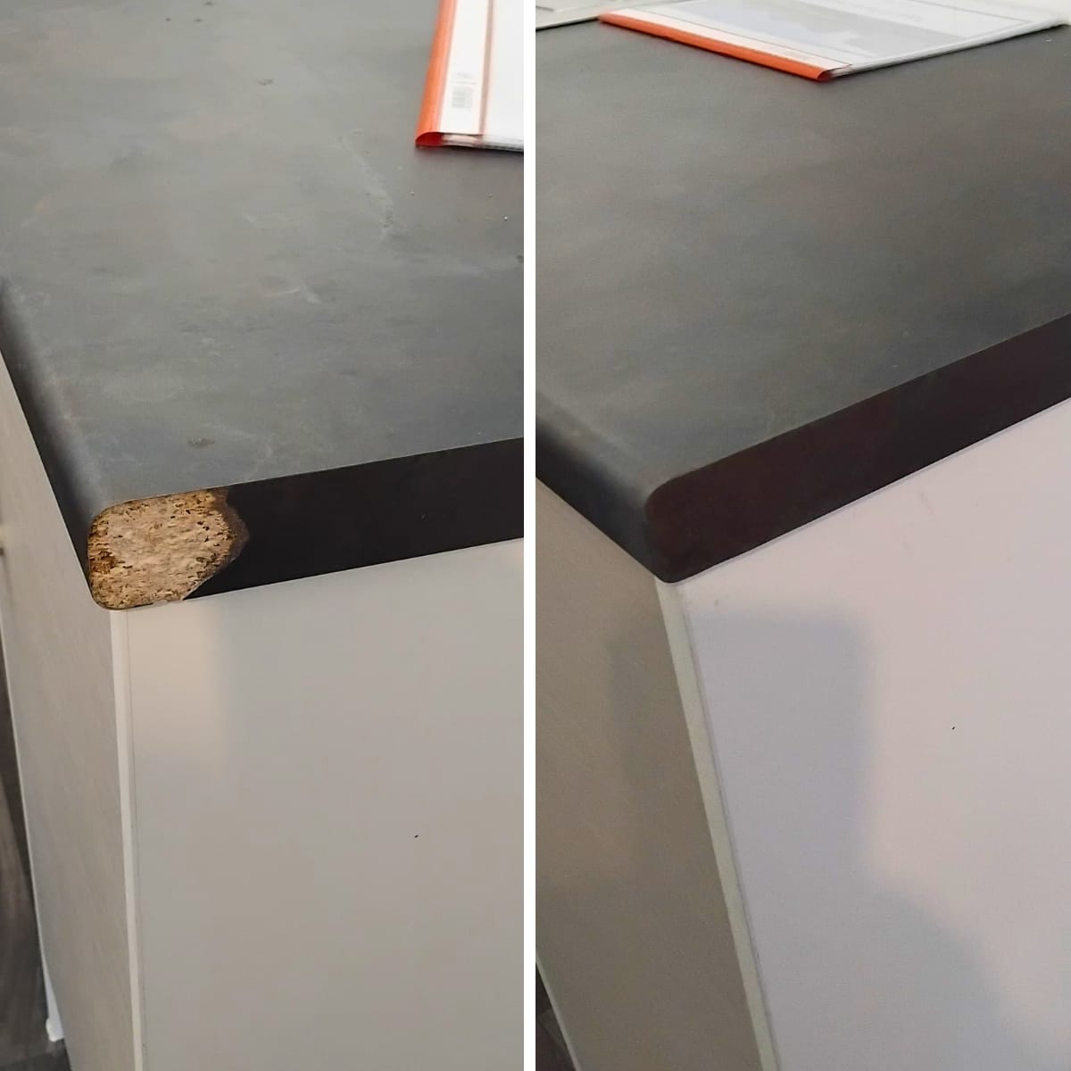 Black laminate worktop corner blow-out repaired and refinished — Bristol kitchen worktop repair