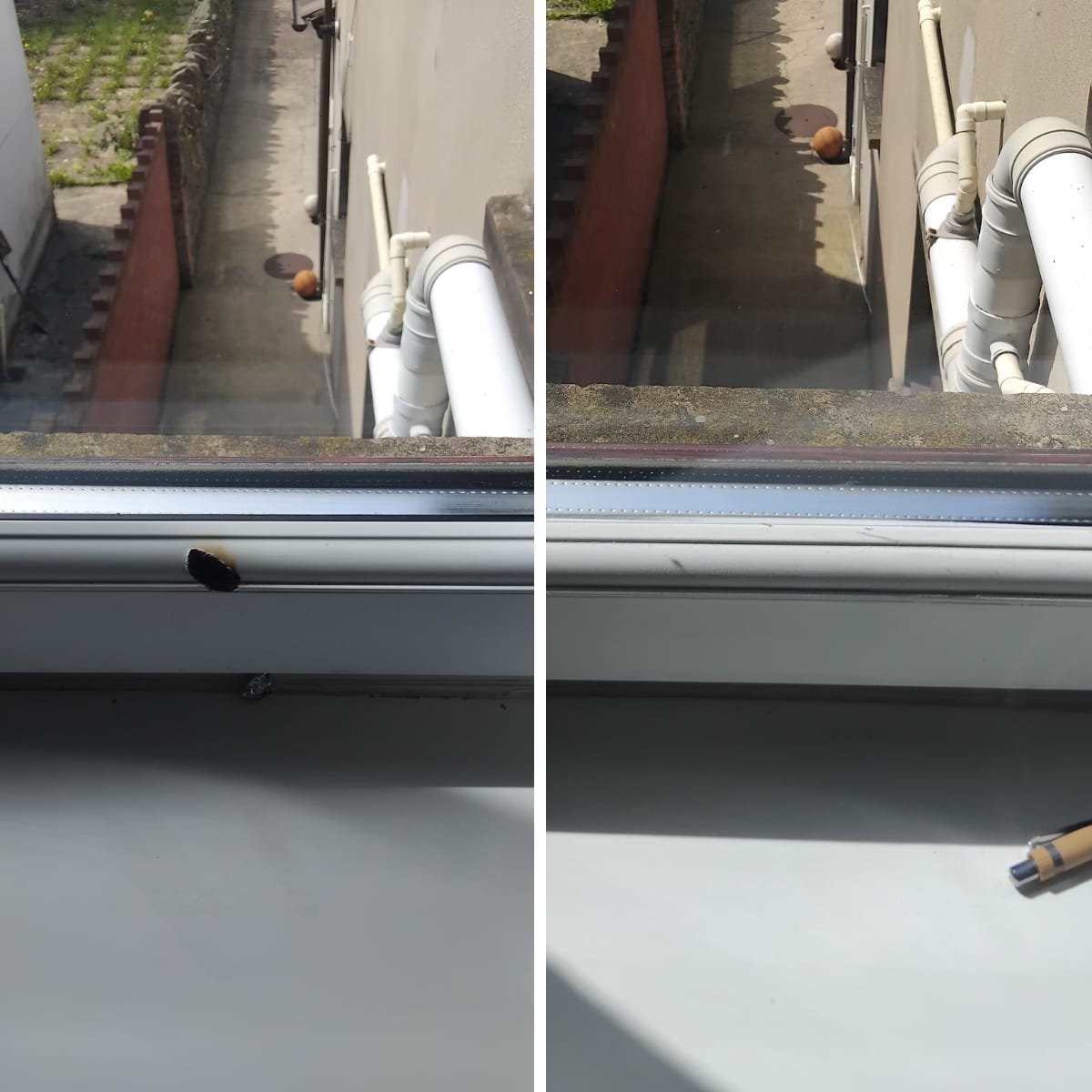 Damaged uPVC window sill scratch and dent filled flush — Worcester uPVC repair