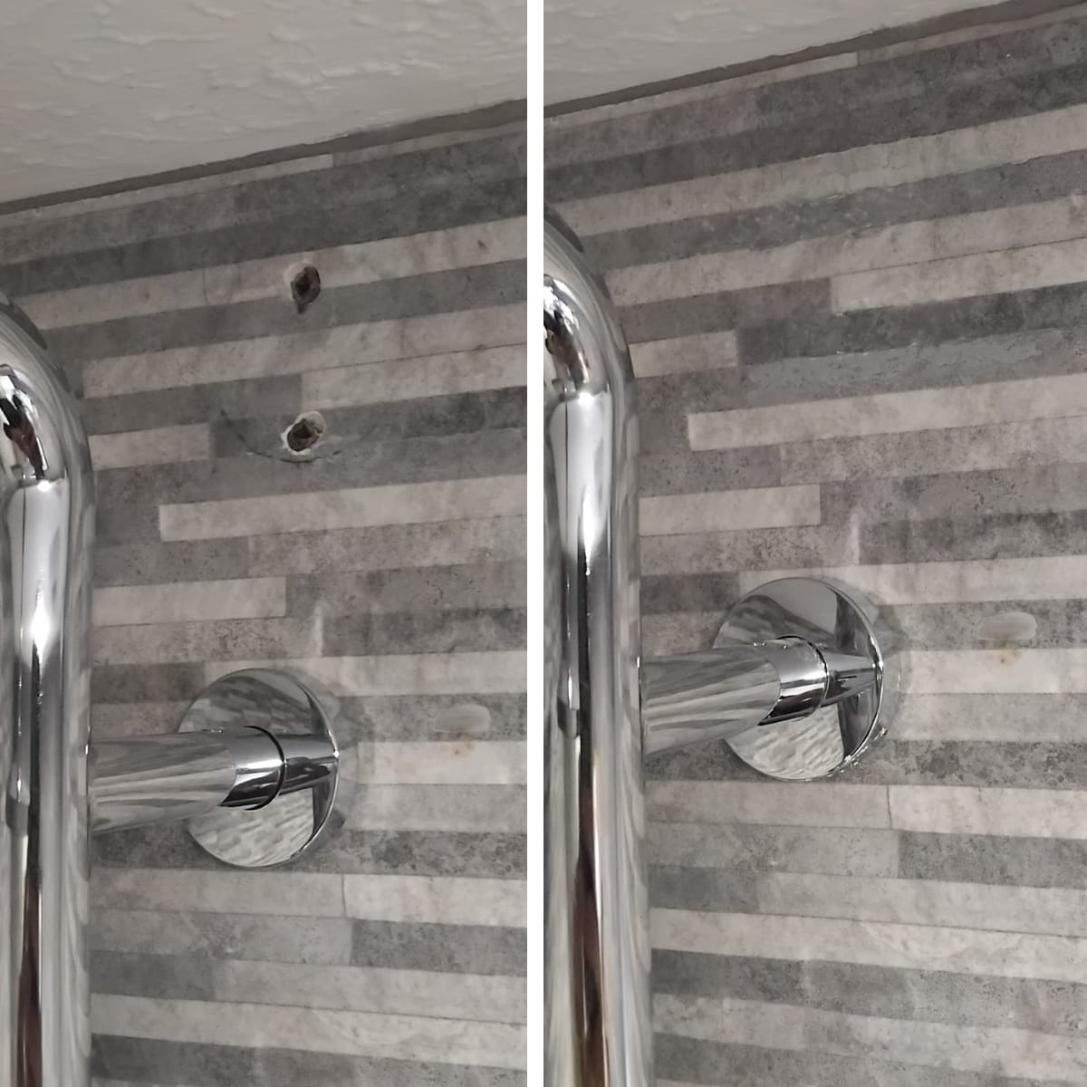 Drill holes in stone-clad shower wall filled and refinished — Monmouth shower tile repair