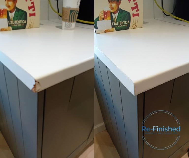 Worktop Repair Newport White laminate worktop with corner damage on the left and the same worktop on the right after its been repaired with Re-Finished logo